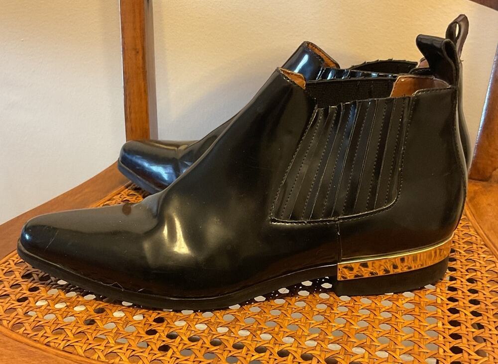 Zara Black Shiny Heeled Ankle Boots W/Gold Embellshmnts Size 40eu/9-9.5